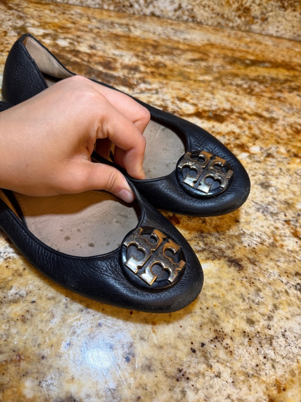 Tory Burch Black Leather Logo Ballet Flats - Picture 6 of 6